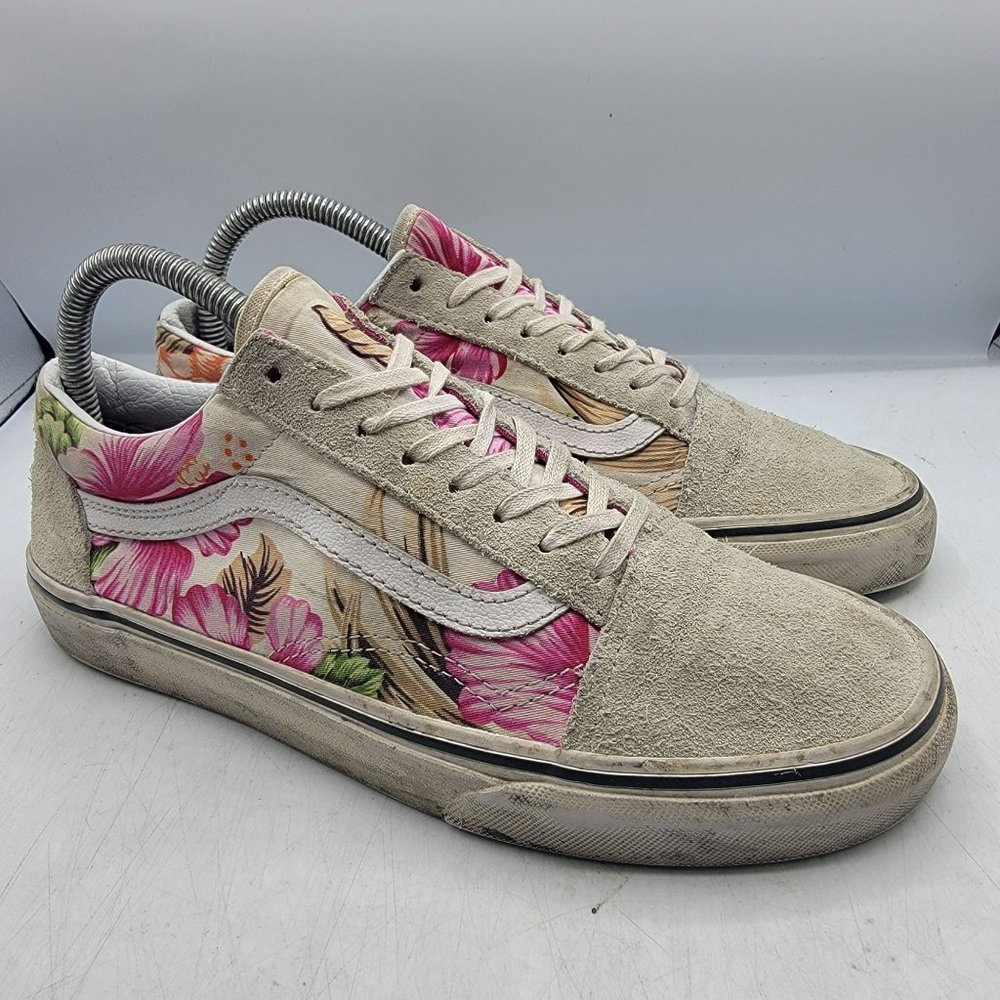Vans Womens 8 White Sneaker Shoes Floral Hawaiian Tropical Low Top Casual